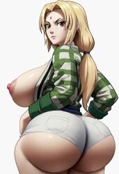 ai_generated big_areola dat_ass doompypomp_(style) fat_ass hoodie huge_ass huge_breasts huge_nipples naruto naruto_(classic) naruto_(series) naruto_shippuden round_ass simple_background thick_thighs tsunade white_background white_panties wide_hips