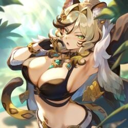 ai_generated ass big_breasts breasts cat_ears cat_girl cat_humanoid cat_tail catgirl feline female female_only genshin_impact long_hair solo solo_female thick_ass thick_thighs thighs xilonen_(genshin_impact) yellow_hair