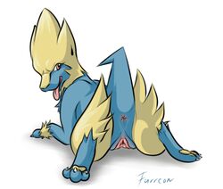 anthro anus ass blue_fur claws female feral fur furreon furry looking_at_viewer manectric nintendo nude open_mouth plain_background pokemon presenting presenting_hindquarters pussy red_eyes solo spread_legs spreading tongue tongue_out video_games