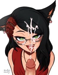 1girls black_hair cat_ears catgirl cum cum_in_mouth cum_on_face cum_on_glasses cumshot facial female female_focus final_fantasy_xiv freckles glasses green_eyes looking_at_viewer looking_up lordguyis miqo'te multicolored_hair original_character penis red_hair tongue_out