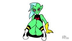 2016 alien alien_humanoid artist_name bottomwear breasts clothed clothing disney female footwear freckles genitals gloves green_body green_skin hair handwear hi_res humanoid long_hair looking_at_viewer lord_dominator midriff noseless not_furry pink_sclera pussy r!p shoes simple_background teeth topwear wander_over_yonder white_background white_hair