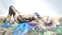 1girls 6nutqd2kwd0iqcl absurdres alternate_costume artist_name bare_thighs bodystocking breasts butterfly_wings corrin_(female)_(fire_emblem) corrin_(female)_(resplendent)_(fire_emblem) corrin_(fire_emblem) corrin_(fire_emblem)_(female) double-parted_bangs fairy_wings fire_emblem fire_emblem_fates fire_emblem_heroes flower full_body grass hair_between_eyes hair_ornament highres inner_thighs insect_wings long_hair looking_at_viewer lying medium_breasts navel nintendo official_alternate_costume on_back on_grass on_ground red_eyes solo stirrup_legwear thighhighs thighs toeless_legwear white_hair wings