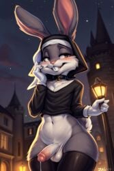 ai_generated anthro bugs_bunny cum_on_floor girly looking_at_viewer looney_tunes male_only nun_outfit penis penis_out precum public public_nudity stockings thick_thighs