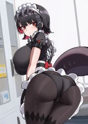 absurdres ass black_dress black_hair black_panties black_pantyhose bow breasts cowboy_shot dishui_tangni dress ellen_joe female highres huge_breasts looking_at_viewer maid maid_headdress mole mole_under_eye panties pantyhose red_bow red_eyes revision short_hair solo standing tail thighs underwear zenless_zone_zero