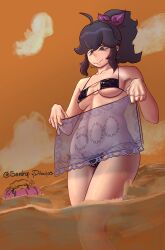 abs beach covering hex_maniac leather leather_bikini micro_bikini nervous_smile pokemon ponytail sexshopydibujos shy small_breasts thin twitter_username