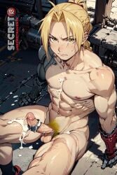 1boy 1male abs ai_generated balls blonde_hair blonde_hair boner cum cum_on_body cum_on_self edward_elric erection fullmetal_alchemist fullmetal_alchemist_brotherhood gay looking_at_viewer male male_only muscle muscles muscular muscular_male nipples pecs pectorals pubic_hair sitting tagme testicles yaoi yellow_eyes