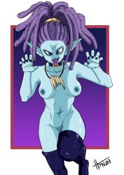 1girls blue_skin breasts collar dragon_ball dragon_ball_super female female hpn03 macki necklace nipples nude nude_female painted_nails purple_hair solo standing sticking_out_tongue thighhighs