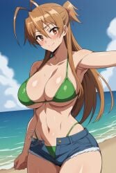 ai_generated athletic_female bare_legs big_breasts bikini bikini_top brown_eyes brunette_hair curvaceous curvy_female highschool_of_the_dead huge_breasts huge_thighs jean_shorts large_breasts light-skinned_female light_skin lokokabooster69 looking_at_viewer ponytail rei_miyamoto short_shorts smiling thick_thighs thighs very_long_hair voluptuous voluptuous_female