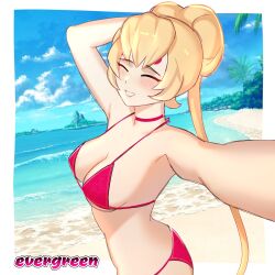 beach bikini brawl_stars charlie_(brawl_stars) choker closed evergreen evergreen_(artist) eyelashes eyes hair holding_camera light-skinned_female makeup nature_background red_bikini summer yellow