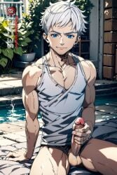 1boy aged_up ai_generated balls blue_eyes gay looking_at_viewer male male_only muscle muscles muscular muscular_male norman_(the_promised_neverland) outdoors outside penis penis_grab sitting tagme testicles the_promised_neverland white_hair yaoi