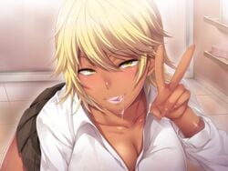 after_sex blonde_hair blush breasts censored cleavage dark_skin game_cg gyaru kuro_gyaru large_breasts mario_(artist) naughty_face orcsoft sei_yariman_sisters_pakopako_nikki smile v