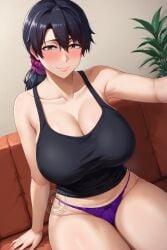 ai_generated black_hair bleach blush brown_eyes gigantic_breasts huge_breasts huge_thighs ikumi_unagiya light-skinned_female light_skin lokokabooster69 looking_at_viewer massive_breasts mature_female milf panties ponytail shounen_jump smiling solo_female tank_top thick_body thick_female thick_thighs thighs thighs_bigger_than_head voluptuous voluptuous_female