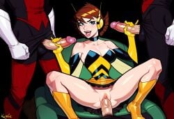 1girls ai_generated clothed clothed_female clothed_male clothed_sex demonsummonerai enthusiastic gangbang hand_on_penis handjob heroine horny_female janet_van_dyne multiple_boys multiple_penises vaginal_penetration wasp_(earth's_mightiest_heroes)