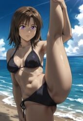 ai_generated beach black_bikini brown_hair cowboy_shot female initial_d kyoko_iwase leg_hold leg_lift medium_breasts medium_hair ocean purple_eyes solo standing_on_one_leg standing_split sunshine