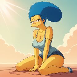 1girls 20th_century_fox 20th_century_studios ai_generated blue_hair breasts cleavage clothing female female_only human kneeling looking_at_viewer marge_simpson milf on_knees outdoors solo solo_female sun sunshine the_simpsons voluptuous yellow_skin