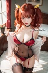 ai_generated asian bedroom choker female flower huge_breasts kazuki_waifus kazukiwaifus lingerie open_shirt panties perfect_body rakudai_kishi_no_cavalry realistic red_hair stable_diffusion stella_vermillion stockings twintails