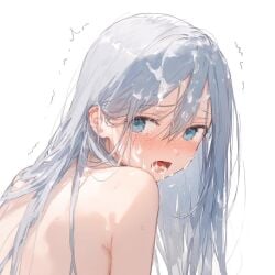 1girls ai_generated blue_eyes blush blush bukkake completely_naked completely_naked_female completely_nude completely_nude_female cum cum_drip cum_in_mouth cum_on_face cum_on_hair cumshot female female_focus female_only high_resolution highres looking_at_viewer looking_back naked pov project_sekai silver_hair solo solo_female solo_focus yoisaki_kanade