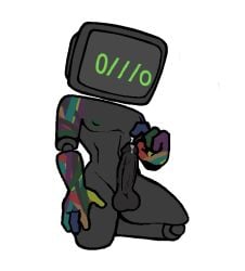 1boy 1robot 1robot_boy 48td 4_fingers adorable adorable_face balls black_body blush circumcised cute cute_expression cute_face cute_male fully_nude green_areola humanoid_robot j4m-13 j4m-13_(r080) male mechanoid monitor_head o///o on_knees original_character penis precum robot smooth_skin solo terminal_display touching_penis touching_tip tv_head very_cute wires