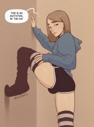 1boy 2024 against_wall androgynous ass backsack balls bulge clothed clothing dialogue femboy leg_up light-skinned_femboy light_skin male male_only short_shorts shorts skemantis solo text thighhighs