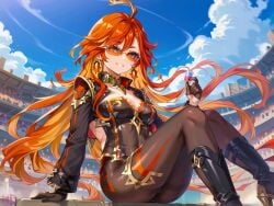 ai_generated ass big_ass big_breasts breasts brown-tinted_eyewear embarrassed female female_only genshin_impact long_hair mavuika_(genshin_impact) orange-tinted_eyewear red_hair solo solo_female sunglasses thick_thighs thighs tinted_eyewear