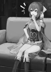 1girls bare_arms bare_thighs boots breasts cape confident couch delthea_(fire_emblem) dress female fire_emblem fire_emblem_echoes:_shadows_of_valentia greyscale hair_between_eyes hand_on_own_face hand_on_own_hip indoors instant_loss monochrome nintendo on_couch open_mouth ponytail short_hair sitting small_breasts smile smug solo thighs yomogi_(mayonaka_030)