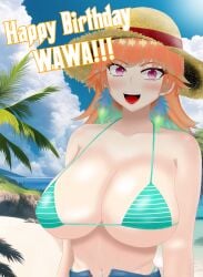 1girls austrian_vtuber bare_shoulders beach belly belly_button belly_button_piercing bikini bikini_top bird birthday blush breasts earrings eddarxart english english_text fanservice feather_hair feather_hair_ornament feathers female female_only green_bikini happy_birthday hat highleg hololive hololive_english hololive_myth huge_breasts jean_shorts kfp kfp_(takanashi_kiara) large_breasts long_hair looking_at_viewer multicolored_hair navel navel_piercing open_fly open_mouth open_mouth_smile open_shorts orange_hair palm_tree phoenix purple_hair shiny_skin short_pants short_shorts shorts solo solo_female straw_hat streaked_hair striped_bikini sunhat sunlight sunlight_rays takanashi_kiara turquoise_bra two_tone_hair virtual_youtuber vtuber white_stripes