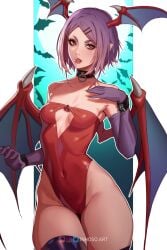 1girls 2024 capcom collar darkstalkers female female_only flat_chest hairclip head_wings inhoso leotard lilith_aensland looking_at_viewer pointy_ears purple_hair red_eyes slit_pupils small_breasts solo succubus succubus_wings thick_thighs wings wristband