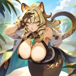 ai_generated ass big_breasts breasts cat_ears cat_girl cat_humanoid cat_tail catgirl feline female female_only genshin_impact long_hair solo solo_female thick_ass thick_thighs thighs xilonen_(genshin_impact) yellow_hair