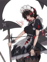 big_thighs black_hair ellen_joe lunartoffee_artist maid maid_apron maid_headdress maid_uniform not_porn red_eyes shark_girl shark_tail sharp_fingernails sharp_teeth zenless_zone_zero