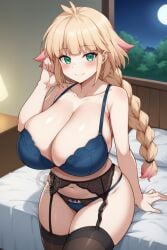ai_generated bare_legs blonde_hair blue_eyes bra braided_ponytail breasts_bigger_than_head curvaceous curvy_female demia_duodectet garter_belt gigantic_breasts huge_bra huge_breasts huge_thighs ishuzoku_reviewers light-skinned_female light_skin lingerie lokokabooster69 long_hair looking_at_viewer massive_breasts multicolored_hair seductive_eyes seductive_smile smiling solo_female thick_thighs thighs voluptuous voluptuous_female