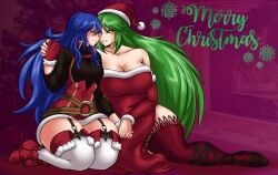 2girls absurdres bare_shoulders blue_eyes blue_hair boots breast_size_difference breasts christmas christmas_outfit cleavage collarbone company_connection crossover detached_sleeves dress english_text female_focus fire_emblem fire_emblem_awakening full_body garter_straps gloves green_eyes green_hair hat highres holding_hands kailyn kid_icarus large_breasts long_blue_hair long_green_hair long_hair long_sleeves looking_at_another lucina_(fire_emblem) matching_hair/eyes medium_breasts merry_christmas multiple_girls naughty_face nintendo palutena red_dress red_gloves santa_hat sitting small_breasts smile smiling_at_partner strapless super_smash_bros. thick_thighs thighhighs wide_hips yuri