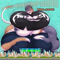 blush city edited_official_artwork feline fortnite furry giantess growing growth hi_res large_ass large_breasts macro meow_skulls_(fortnite) nightlyflare pleasure_face ripped_clothing tail text thick_thighs wardrobe_malfunction wide_hips