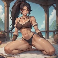 1girls abs ai_generated artist_name artist_psyopsai bra breasts brown_body clothed clothing colored curvy dark_skin digital_media_(artwork) female female_focus female_only fit_female front_view kneeling league_of_legends muscles muscular muscular_thighs nidalee nipples nipples_visible_through_clothing panties solo solo_focus tattoo thick_thighs tribal_tattoo underwear watermark