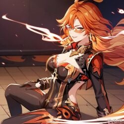 ai_generated ass big_ass big_breasts breasts female female_only genshin_impact long_hair mavuika_(genshin_impact) orange-tinted_eyewear red_hair solo solo_female sunglasses thick_thighs thighs tinted_eyewear