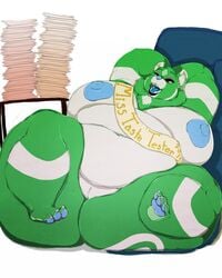 anthro banner bear big_areola big_belly big_breasts big_thighs blue_nipples blue_tongue breasts chair female fur furry green_fur herro huge_breasts morbidly_obese obese overweight papers plain_background purple_eyes pussy table white_background