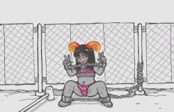 bondage bondage_gear chains clownstongue double_v end fence fetish_wear gate glasses hairy homestuck humiliation imminent_death impending_death latex nail_polish peace_sign public sledgehammer troll v_sign