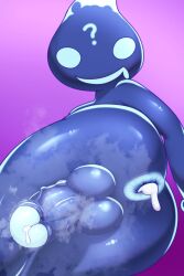 absurd_res anal anthro anus ass balls blue_anus blue_eyes bodily_fluids colopendayo cum cum_in_ass cum_inside digital_media_(artwork) drooling ecolo_(puyo_puyo) genital_fluids genitals hi_res leaking_cum looking_at_viewer male male_penetrated nude penetration penis presenting purple_background puyo_puyo question_mark saliva sega simple_background smile solo steam unknown_species