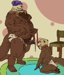 anthro avalath_tiger bodily_fluids body_hair chest_hair collar cum duo father_(lore) father_and_child_(lore) father_and_son_(lore) foreskin genital_fluids genitals hi_res kneeling larger_male leaking_cum male male/male mammal mustelid obese otter overweight overweight_male parent_(lore) parent_and_child_(lore) parent_and_son_(lore) penis pubes ripped_underwear sea_otter sex short_male size_difference slips slob son_(lore)