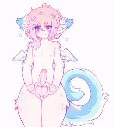 anthro areola balls blush blush_lines femboy fluffy fluffy_ear fluffy_tail fluffy_thighs furry genitals gesture hand_heart hand_on_balls heart_symbol hi_res katsucoffee male nipples nude penis presenting_balls smile solo tail unknown_species wide_hips wings