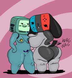 2girls adventure_time anthro ass big_ass big_breasts bmo console duo furry half-closed_eyes inanimate_object large_ass large_breasts leekcheek nintendo nintendo_switch robot shortstack switch_dog tail thick_thighs thighs wagging_tail