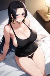 ai_generated bare_legs black_hair blue_eyes boa_hancock earrings female female_only gigantic_breasts huge_breasts huge_thighs light-skinned_female light_skin lokokabooster69 long_hair massive_breasts mature_female milf one_piece panties shounen_jump solo_female tank_top thick_thighs thighs voluptuous voluptuous_female