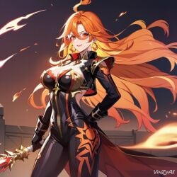 ai_generated ass big_ass big_breasts breasts female female_only genshin_impact long_hair mavuika_(genshin_impact) orange-tinted_eyewear red_hair solo solo_female sunglasses thick_thighs thighs tinted_eyewear