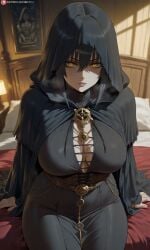 ai_generated attractive big_breasts bigbizarts curvy goth_girl goth_mommy gown hood_up looking_at_viewer selvara_(bigbizarts) yellow_eyes
