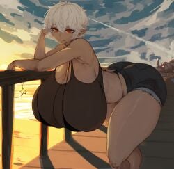 1girls alternate_version_available beach colette_belrose curvy final_fantasy final_fantasy_xiv huge_ass huge_breasts ikeartrellatab looking_at_viewer pointy_ears red_eyes shorts tank_top thick_thighs tight_clothing voluptuous white_hair