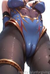 ai_generated bodysuit covered_pussy genshin_impact hips legs leotard mona_(genshin_impact) pantyhose pussy sweat unforgiving wet