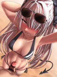 1boy angry arms_behind_head bar_censor beach bikini blue_archive censored clenched_teeth demon_tail female gold_necklace grey_hair hair_over_one_eye hair_ribbon highres iori_(blue_archive) iori_(swimsuit)_(blue_archive) jewelry micro_bikini necklace paid_reward_available penis penis_on_stomach pov red_eyes ribbon silver_bullet_(ecc12_8) sunglasses sunglasses_on_head swimsuit tail teeth twintails