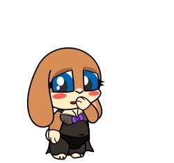 anthro black_nightgown blue_eyes blush blush_stickers breasts brown_body brown_fur caramel_(lunamann) clothing covering covering_mouth female fur hi_res lagomorph leporid looking_back lunamann mammal navel nightgown nipples panties purple_bow rabbit solo translucent translucent_clothing translucent_nightgown translucent_panties translucent_underwear underwear vagina