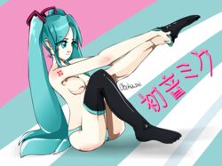 1girls blue_eyes blue_hair breasts female female_only green_hair hatsune_miku matching_hair/eyes obakawaii purple stockings tied_hair twintails vocaloid