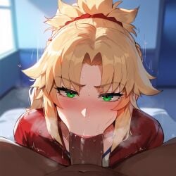 1boy 1girls :>= ai_generated artstyle_imitation ass blonde_hair breasts dark-skinned_male dark_skin dat_ass fate/grand_order fate_(series) fellatio female floox green_eyes hi_res high_resolution huge_ass huge_cock interracial light-skinned_female light_skin long_hair male medium_breasts mordred_(fate) penis pov stable_diffusion thiccwithaq_(ai_style) thick_thighs tomboy uncensored