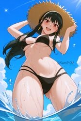 1girls ai_generated bikini black_bikini black_hair black_swimsuit female female_only hat nai_diffusion red_eyes solo spy_x_family stable_diffusion sun_hat swimsuit tagme water yor_briar